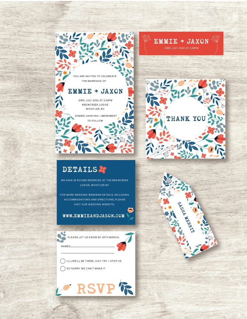 RED AND BLUE FLOWER SET wedding stationery design